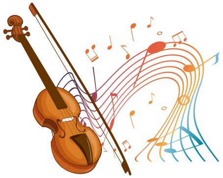 Clipart: Cartoon violin with colorful music notions